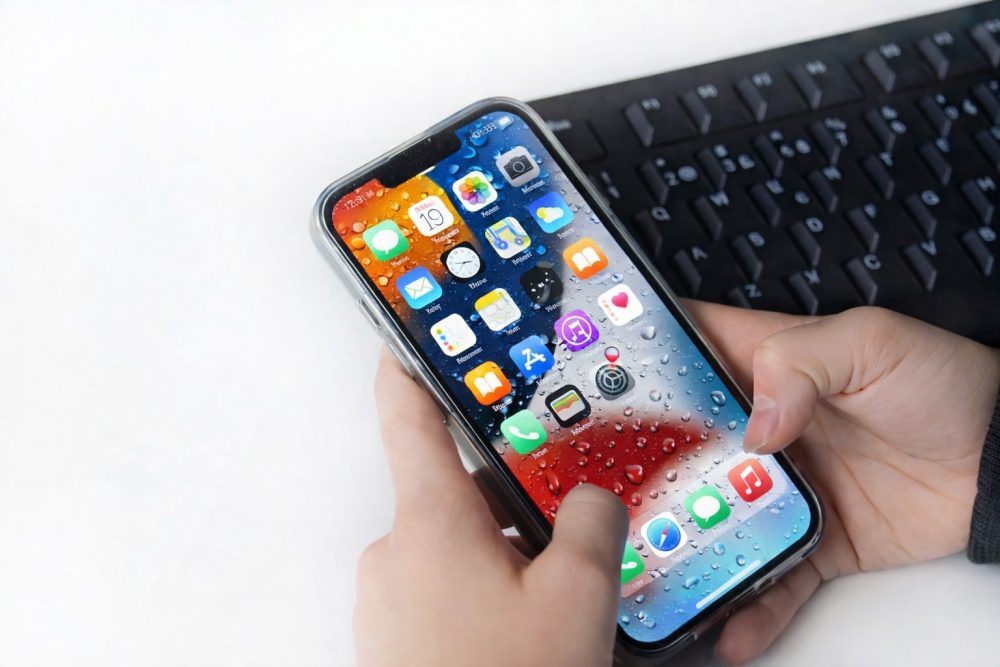 濡れているiphoneを触っている画像