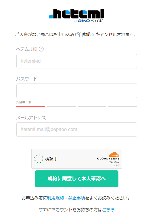 ヘテムルの申し込み画面：アカウント情報入力