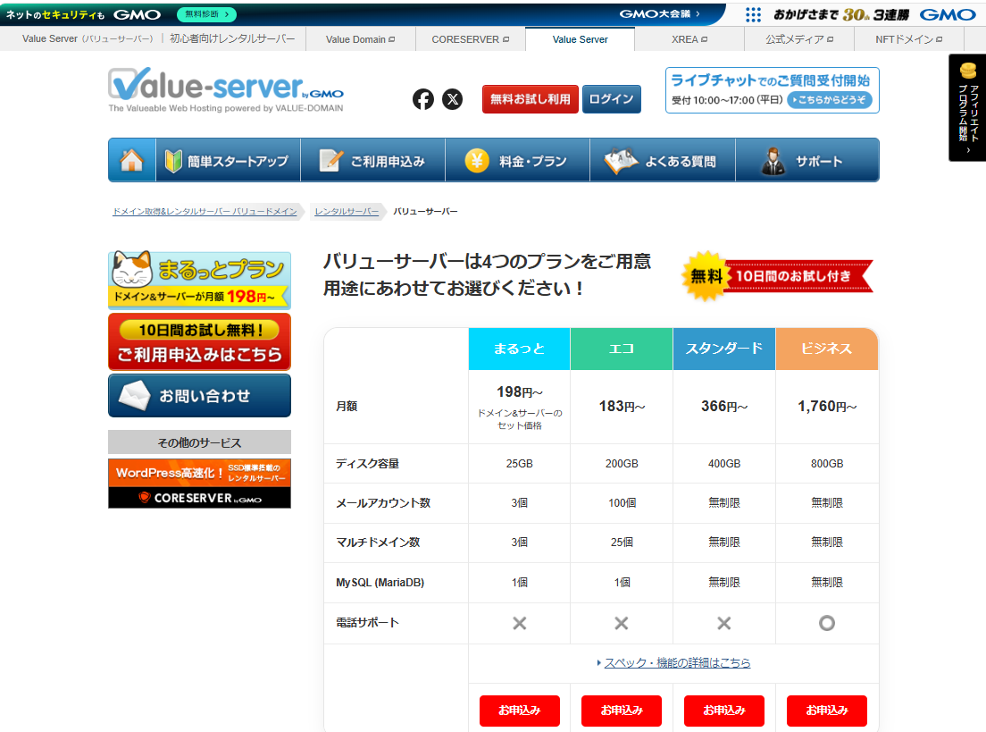 バリューサーバー公式サイトのトップページ
