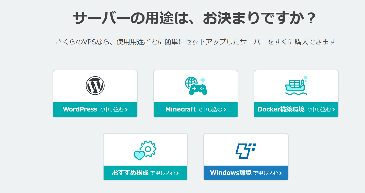 さくらのVPSの用途別申し込み画面（WordPress / Minecraft / Docker / おすすめ構成 / Windows環境）