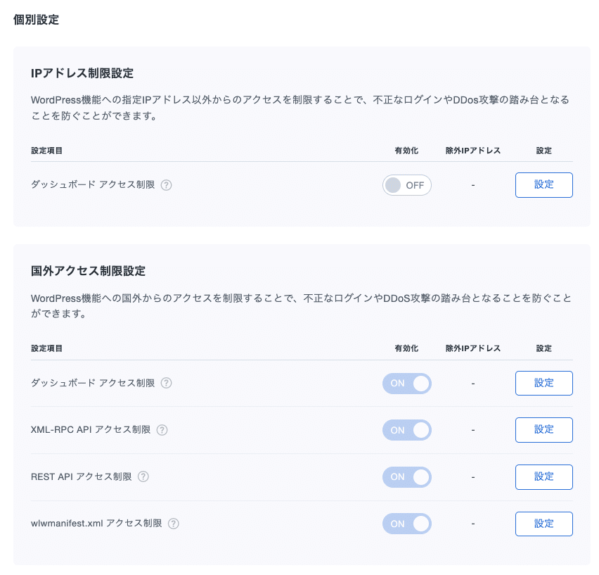 WPパネル　セキュリティ　個別設定